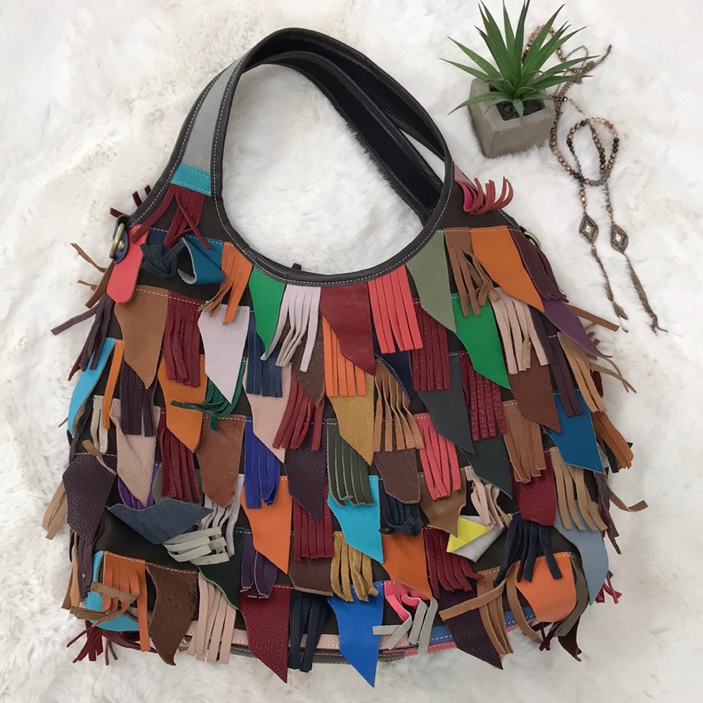 Chaos boho genuine leather fringe hobo handbag purse tote bag